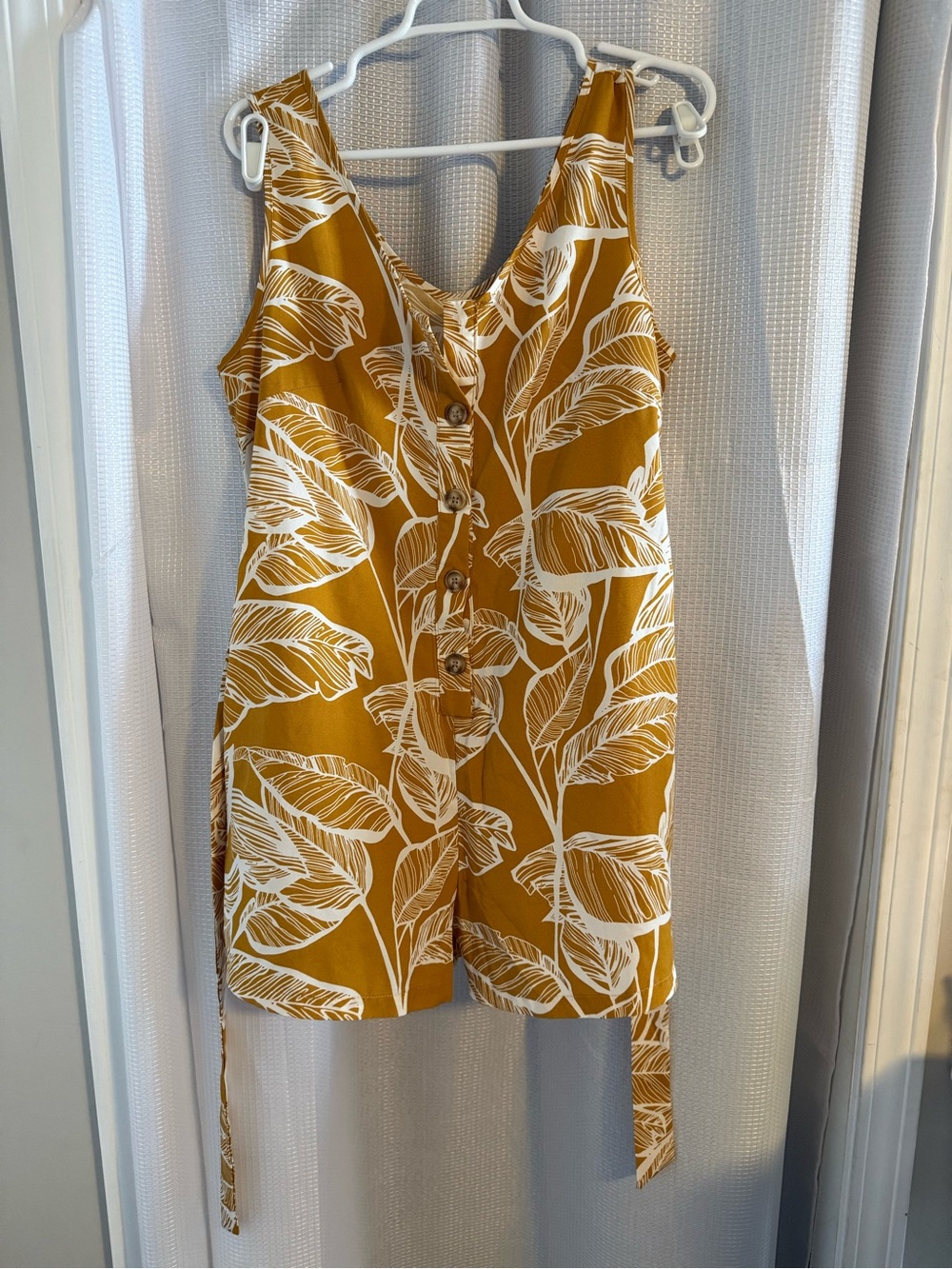 Mustard Yellow Tropical Print Button-Front Womens Romper